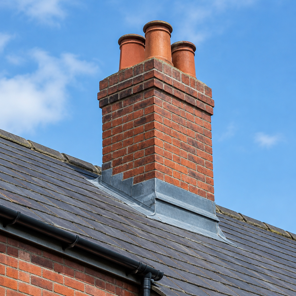 Brick chimney stack with new lead flashing on a slate roof